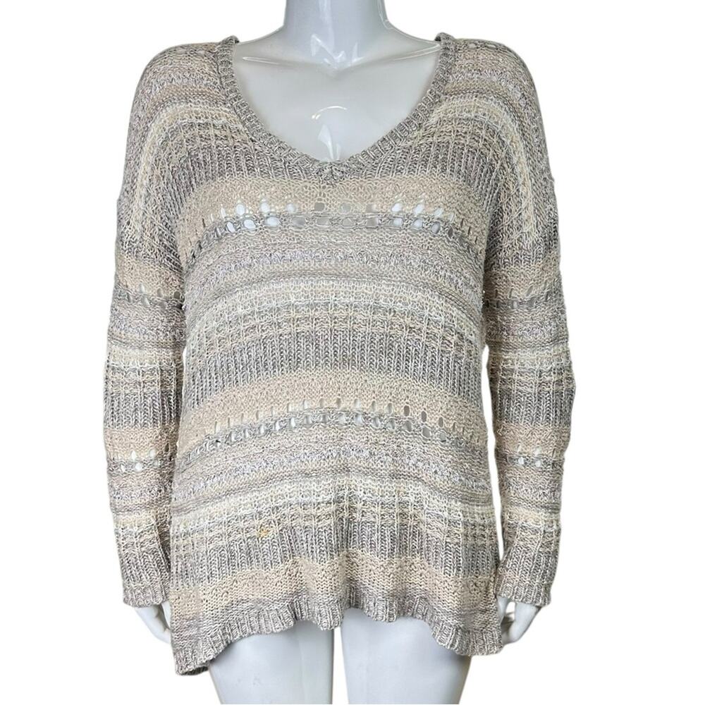 Lucky Brand V Neck Striped Sweater Open Knit Size XL